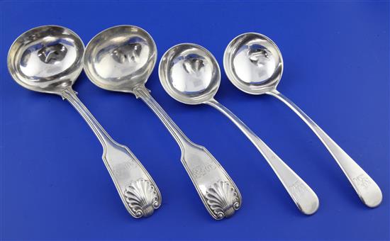 A pair of George III silver Old English pattern sauce ladles and one other pair.